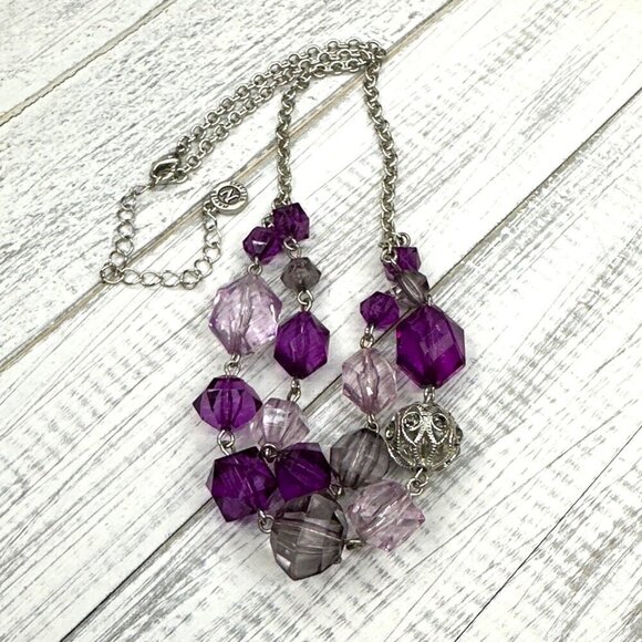 Napier Double Tier Beaded Necklace Silver Tone Purple Adjustable Length - Picture 2 of 3